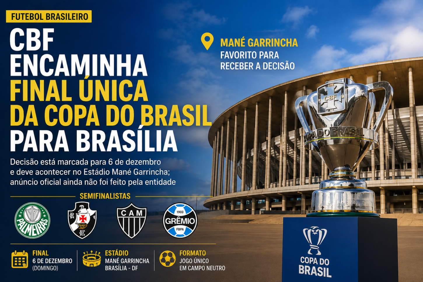 CBF encaminha final única da Copa do Brasil para Brasília; Mané Garrincha é favorito