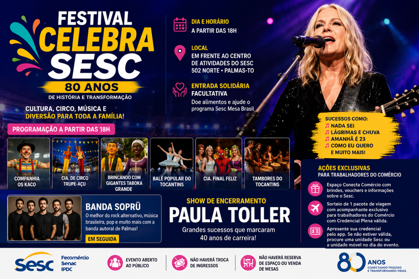 Festival Celebra Sesc reúne circo, cultura e música com show de Paula Toller em Palmas