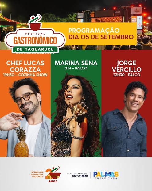Marina Sena e Jorge Vercillo são as atrações deste sábado no 20º Festival Gastronômico de Taquaruçu
