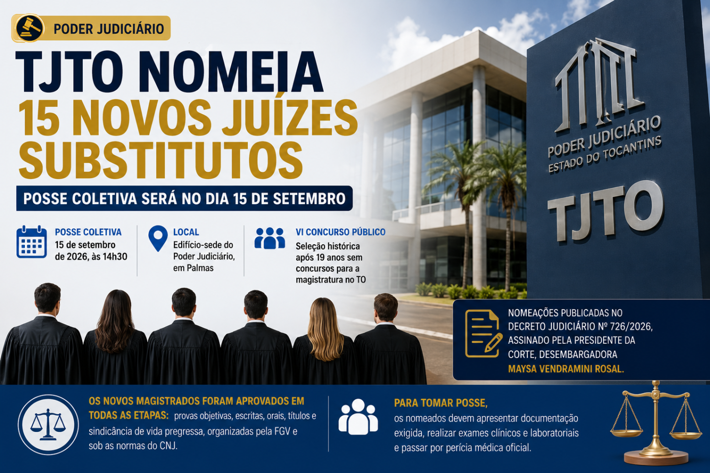 TJTO nomeia 15 novos juízes substitutos e marca posse coletiva para 15 de setembro