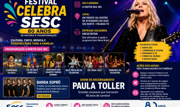 Festival Celebra Sesc reúne circo, cultura e música com show de Paula Toller em Palmas
