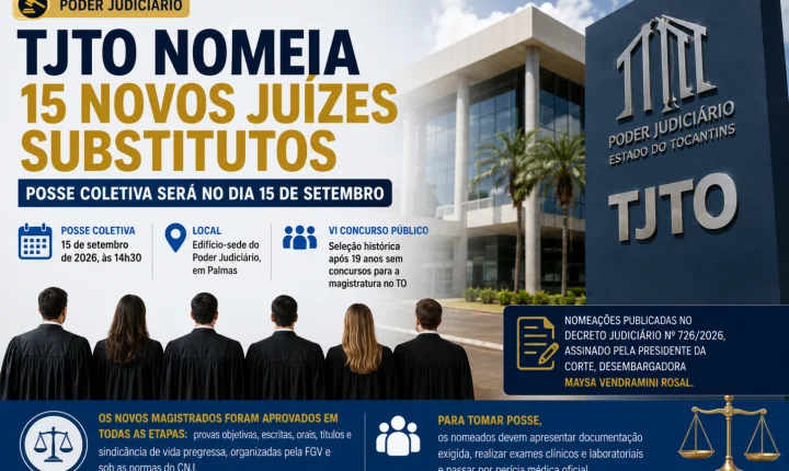 TJTO nomeia 15 novos juízes substitutos e marca posse coletiva para 15 de setembro